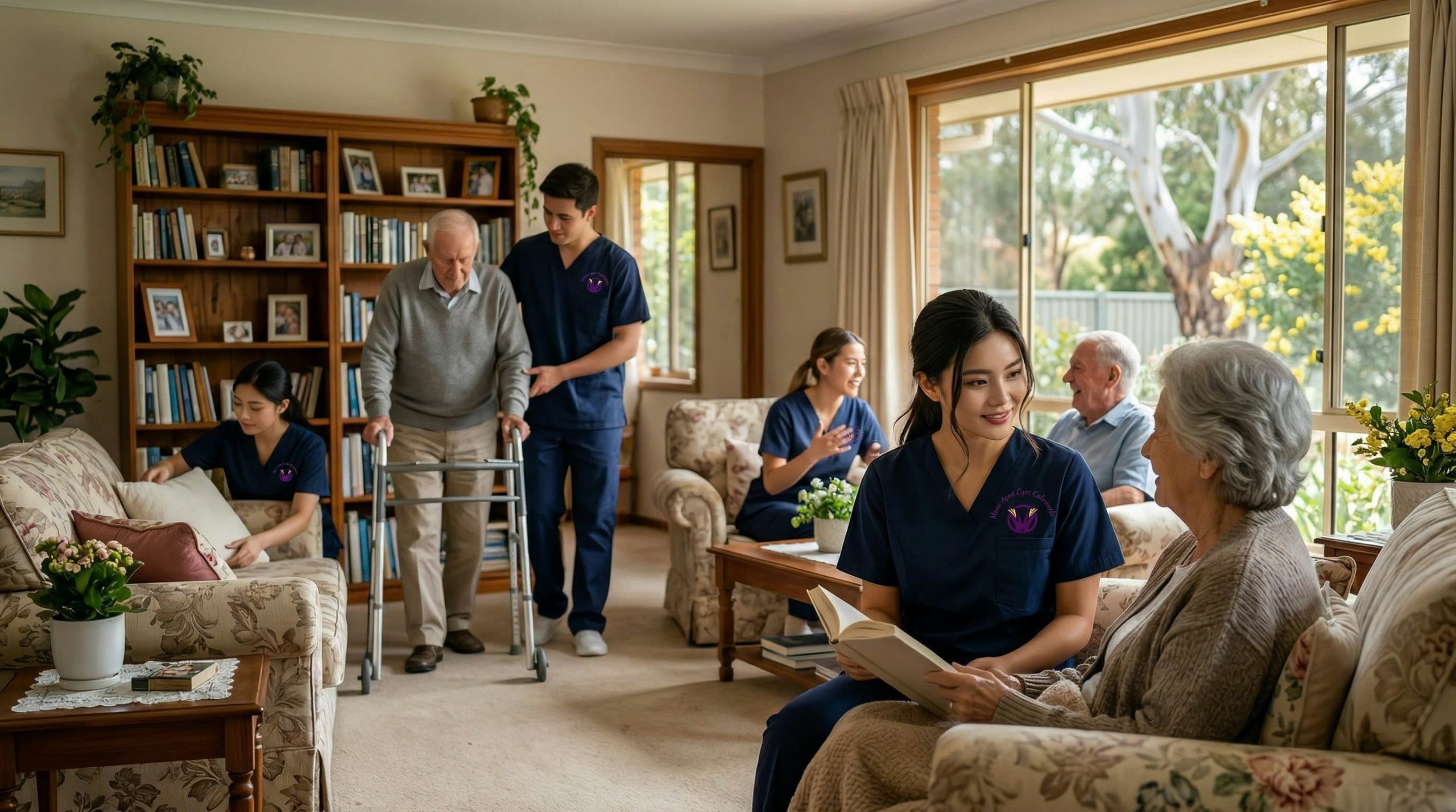 HomeCaring Care worker pushing a client in a wheelchair through a living room