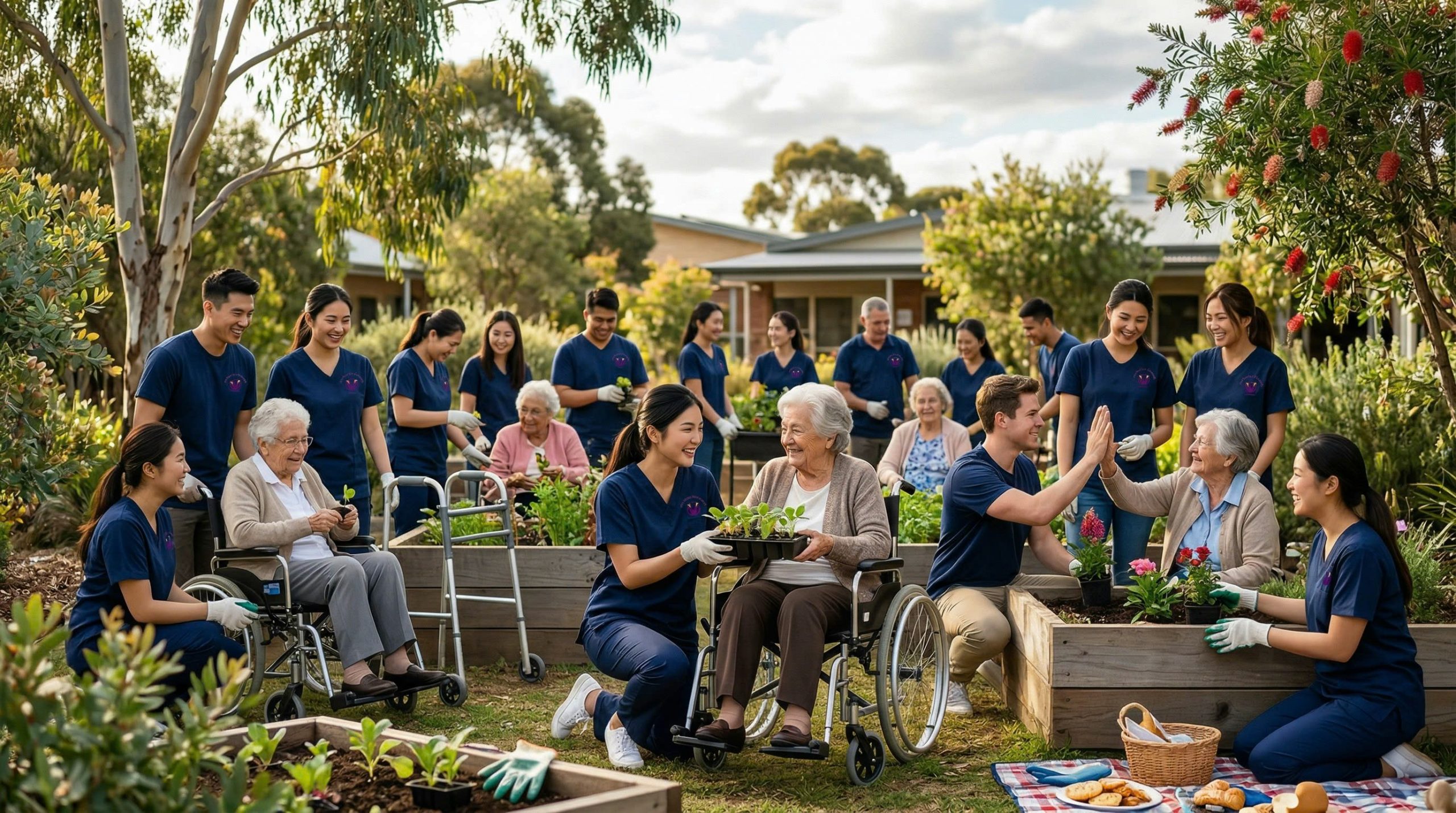 HomeCaring Care worker pushing a client in a wheelchair through a living room